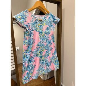 Lilly Pulitzer Girls Pink Blue Pineapple Pom Pom Flutter Sleeve Dress Size 8-10